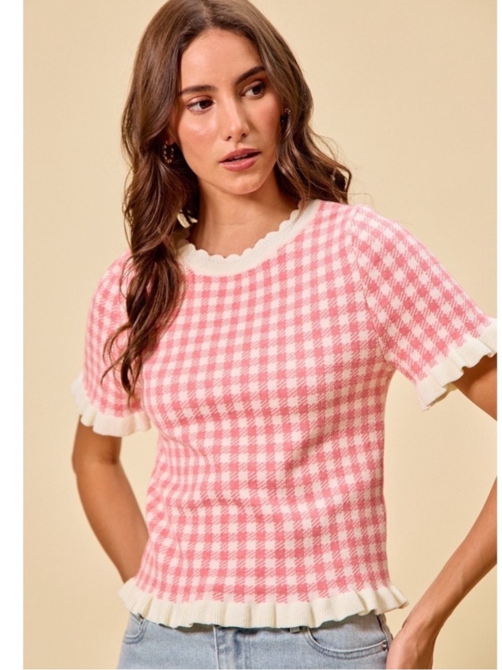 SO ME XL White Ivory Pink Gingham Knit Ruffle Trim Short Sleeve Sweater Top - Picture 6 of 13